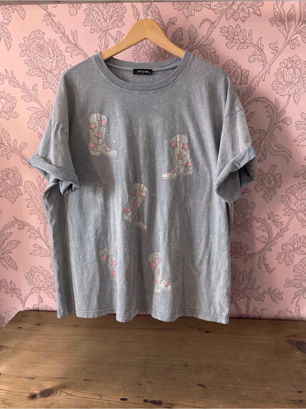 Zutter USA Cowboy Boots Pink Sparkle Star Graphic Tee Gray Size L